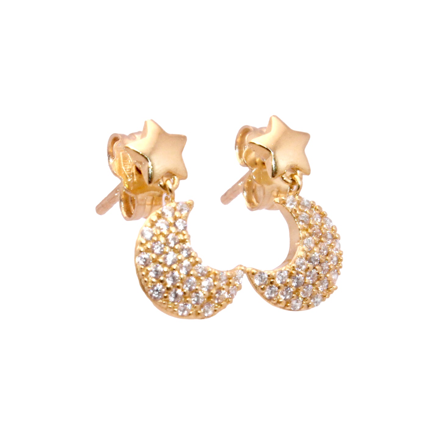 Orecchini in oro 18kt con stella liscia e luna con pavé di zirconi