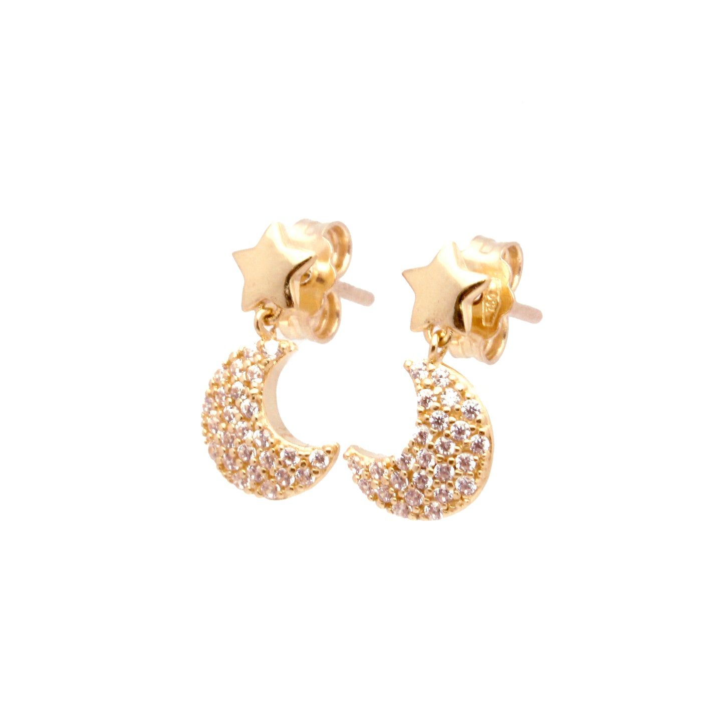 Orecchini in oro 18kt con stella liscia e luna con pavé di zirconi