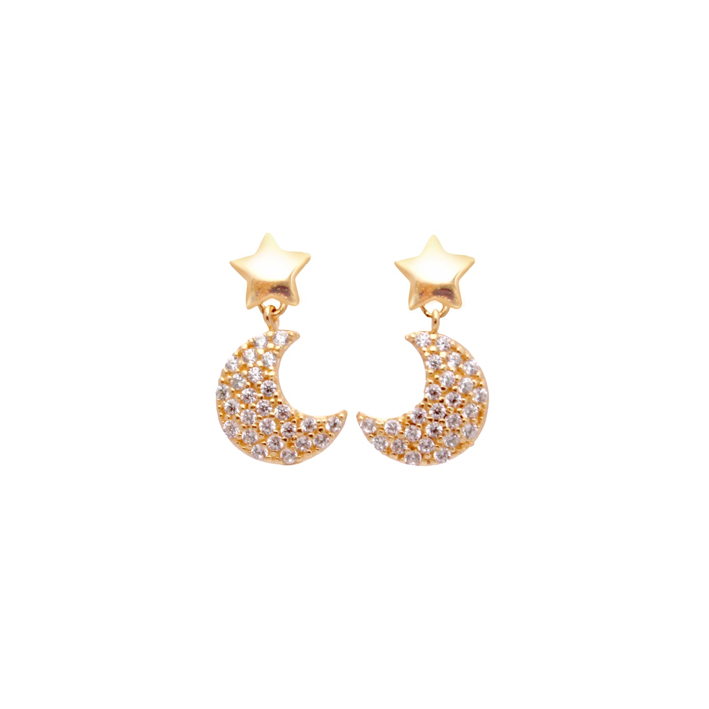 Orecchini in oro 18kt con stella liscia e luna con pavé di zirconi