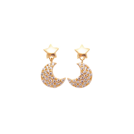 Orecchini in oro 18kt con stella liscia e luna con pavé di zirconi