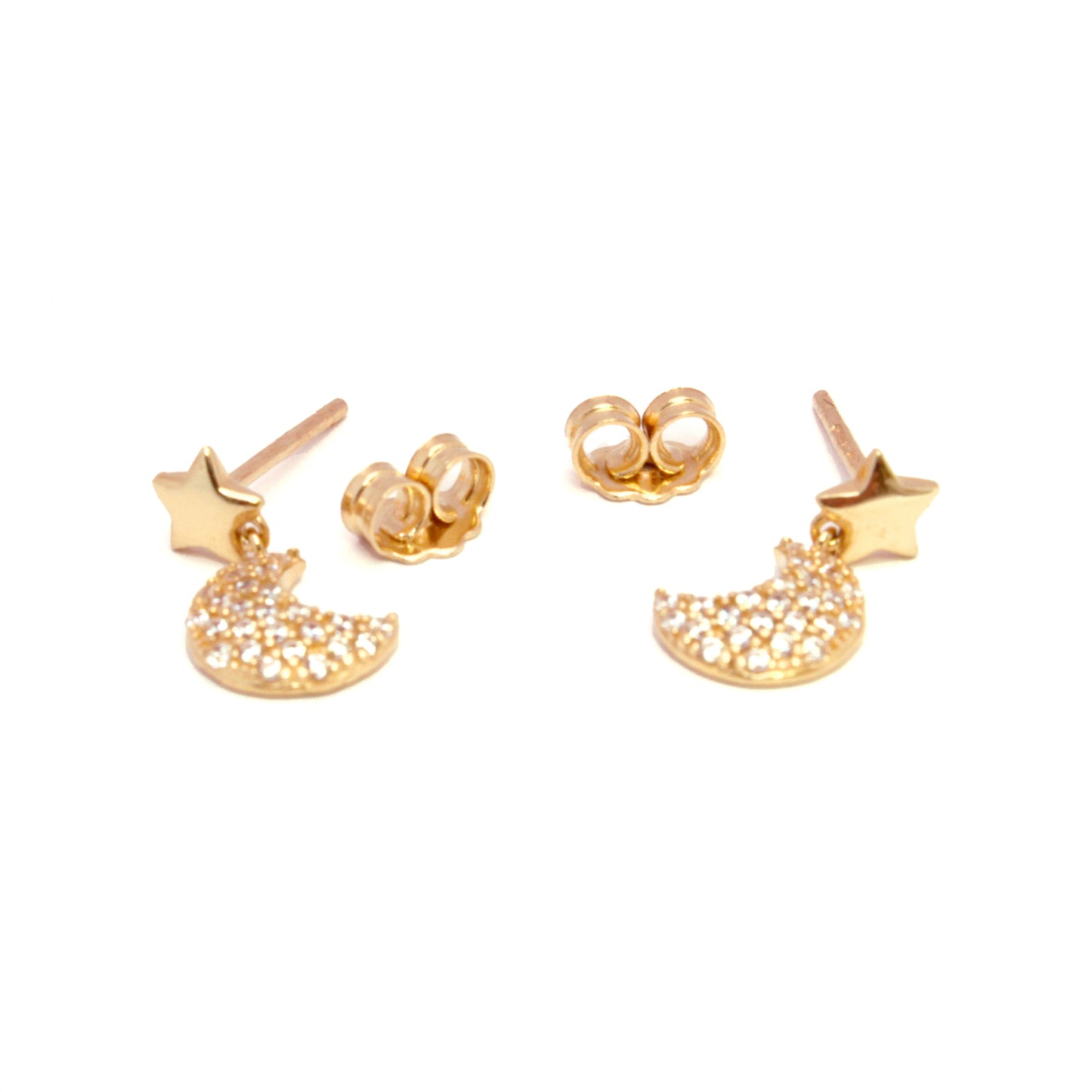 Orecchini in oro 18kt con stella liscia e luna con pavé di zirconi